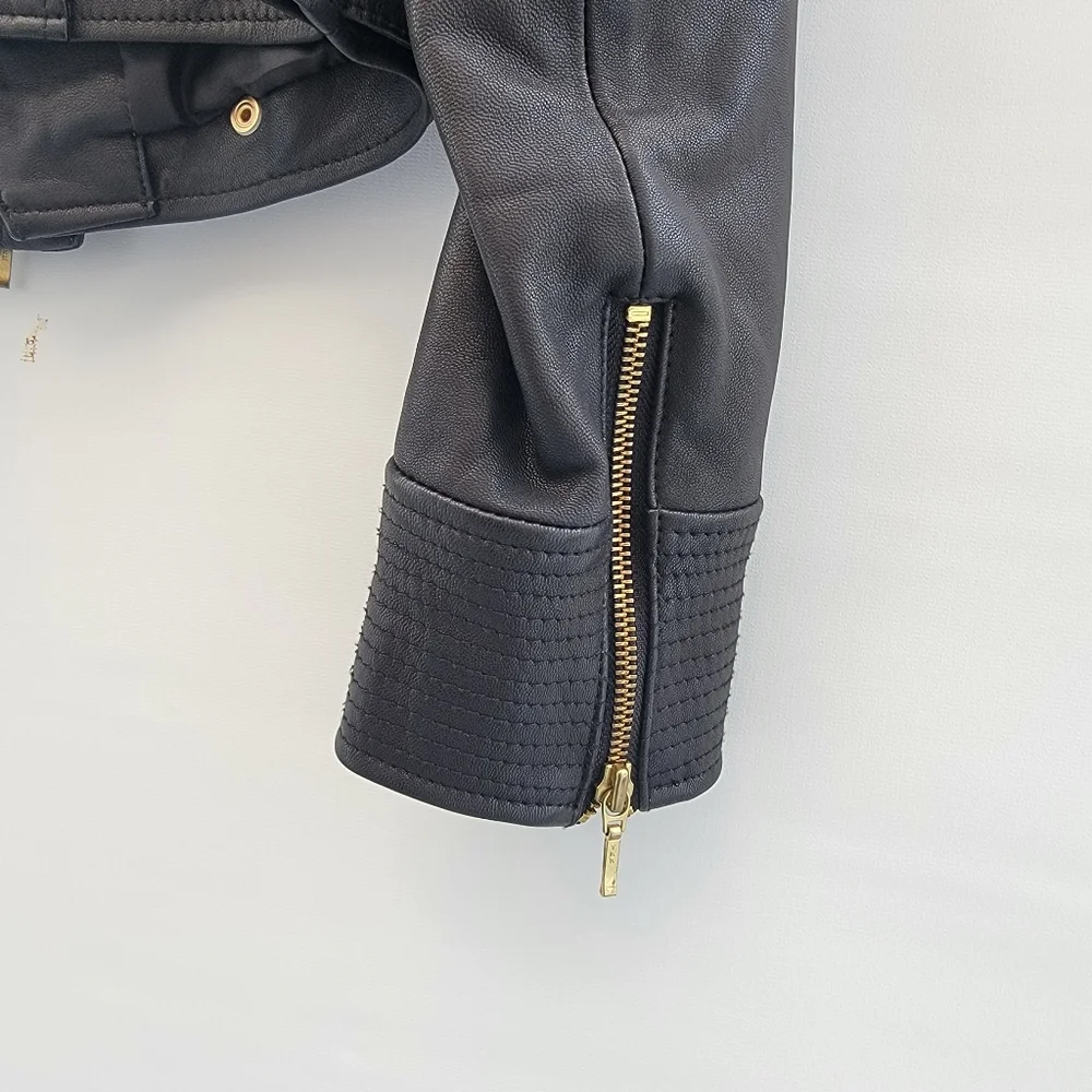 Truth+Pride Black Leather Moto Jacket Size Large Minimalist Classic Gold Neutral - Picture 8 of 16